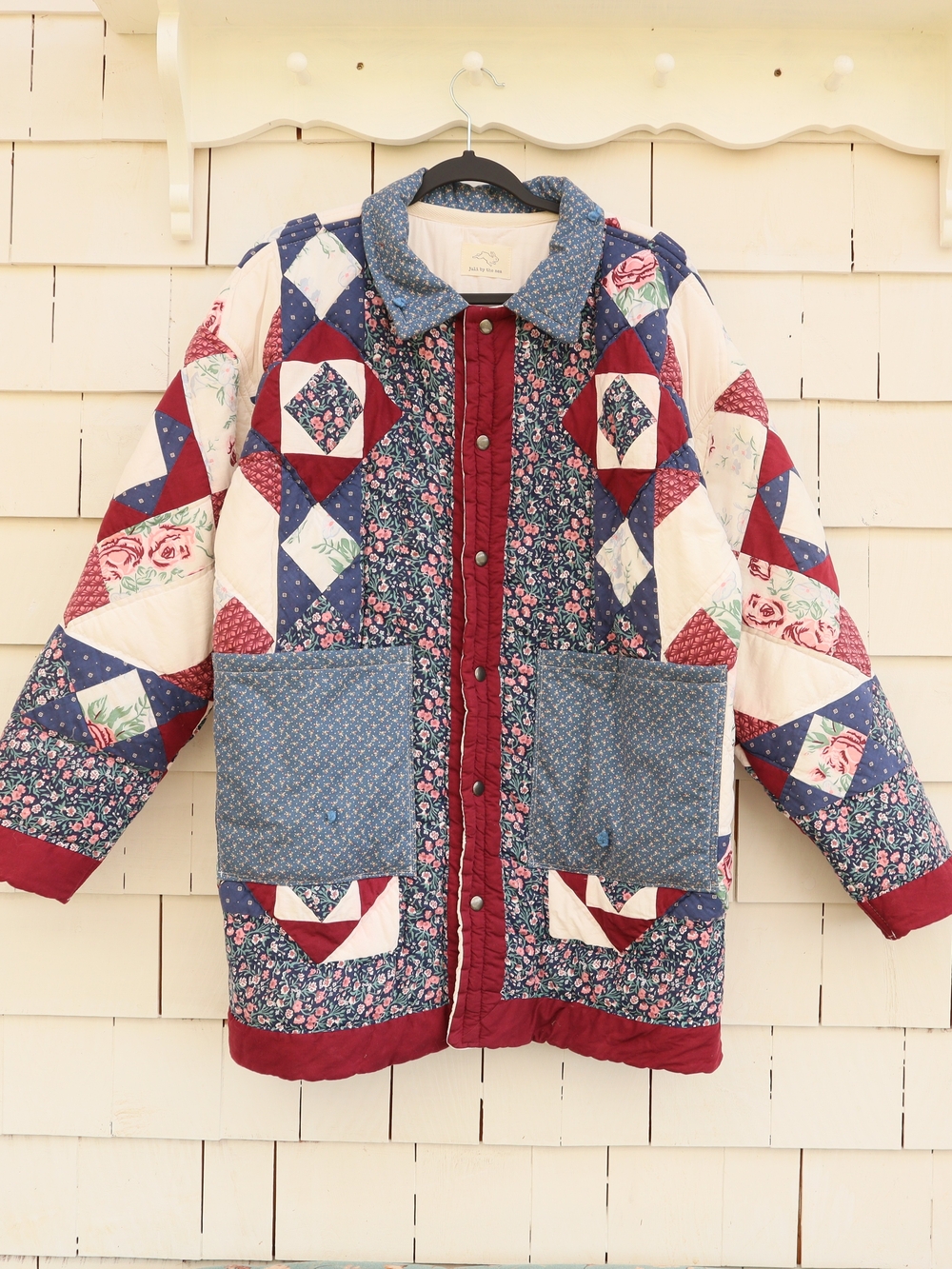 Upcycled Patchwork Quilt Jacket in Navy & Burgundy L • XL